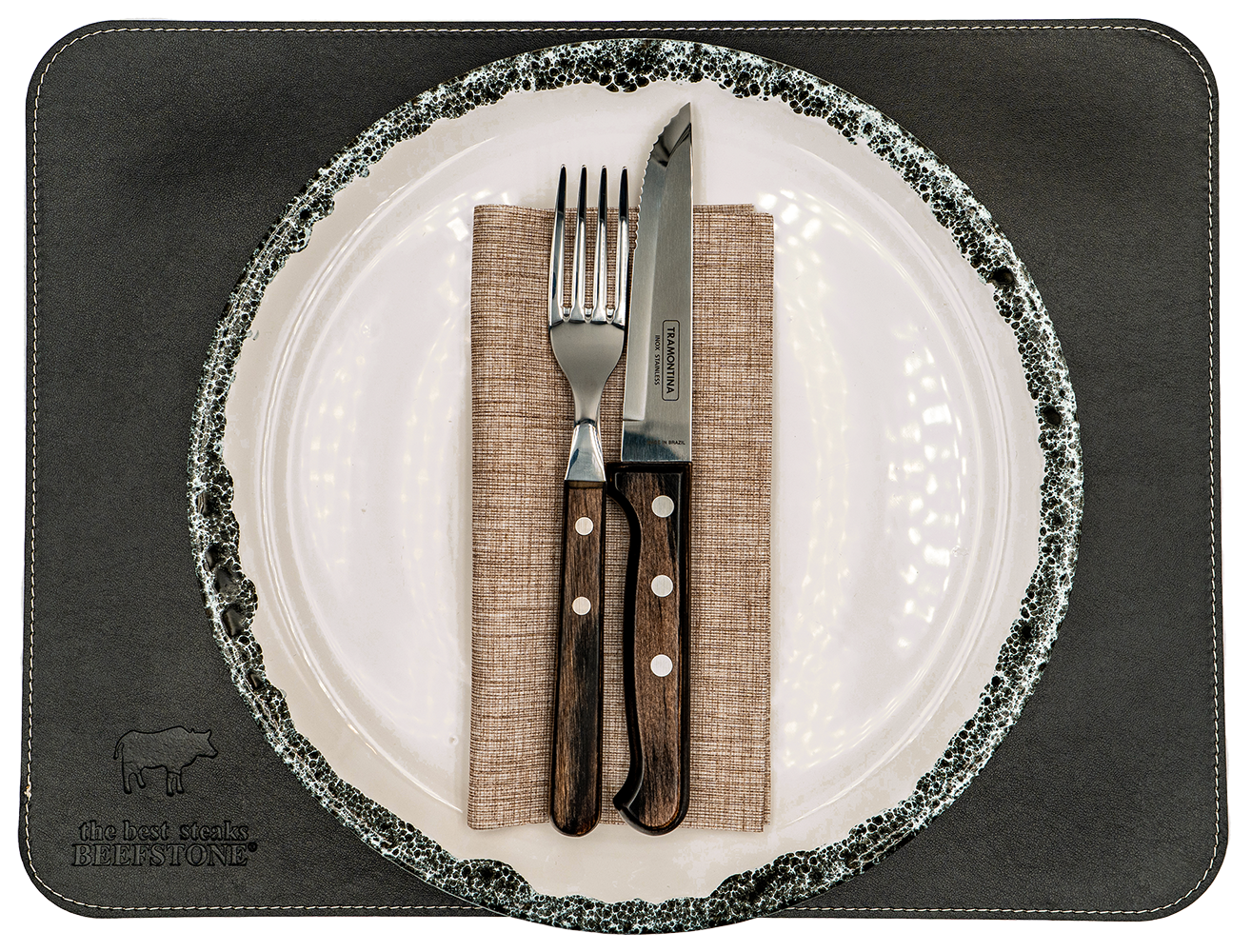 1 Original Beefstone® Tischset aus veganem PU Kunstleder - doppelseitig - 40 x 30 cm - Schwarz / Hellbraun
